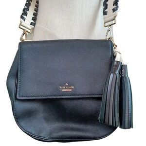 Kate Spade Black Saffiano Leather Crossbody Bag Woven Guitar Strap Tassels